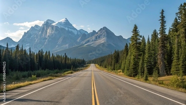 Fototapeta Empty stretch of asphalt road running parallel to a mountain range with a clear blue sky above and pine trees in the foreground, vast open space, natural landscape