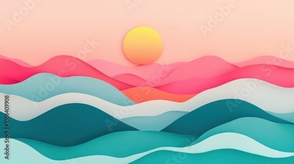 Fototapeta Serene Sunset Landscape Abstract Paper Cut Hills Colorful Waves Peaceful Nature Scene