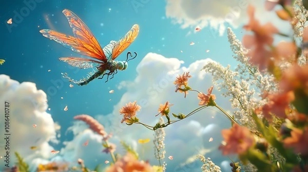 Fototapeta Hummingbird in Flight with Floral Background