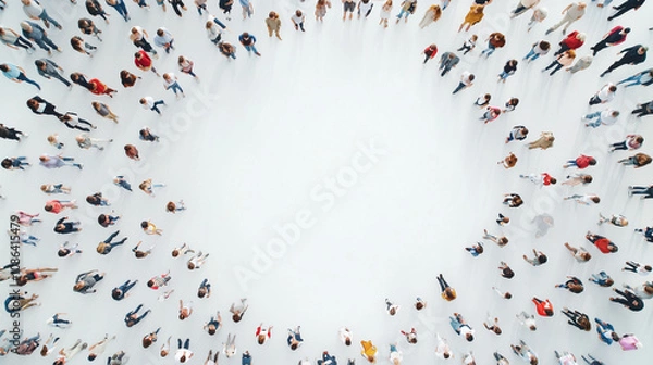 Fototapeta Global Community: A diverse crowd gathers in a circular formation, creating a powerful visual representation of unity, connection, and global collaboration.  
