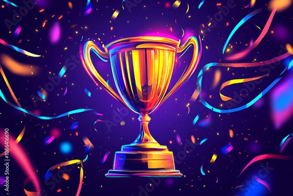 Fototapeta A vibrant trophy surrounded by colorful confetti and ribbons, symbolizing achievement and celebration.