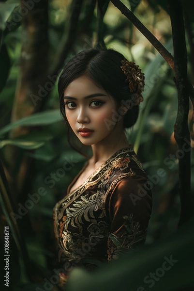 Fototapeta A beautiful Indonesian woman wearing a kebaya, standing in the jungle, looking at the camera. Portrait photography with cinematic lighting, soft focus, and shallow depth of field.