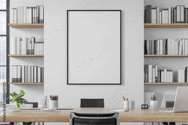 Fototapeta A modern office interior with a large blank poster frame on the wall, two desks, and a potted plant.
