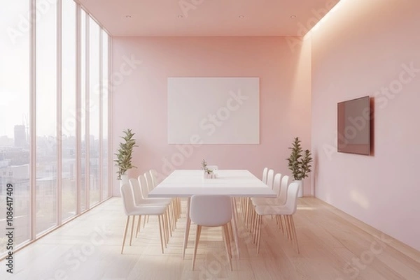 Fototapeta A minimalist pink conference room with a large window, a long table, and white chairs.