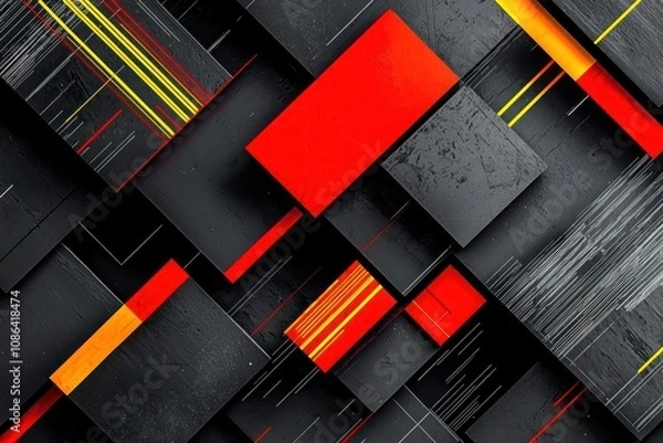 Fototapeta Abstract blocks of black and bright red with bright yellow lines, accented by ash grey and white, arranged in a dynamic, modern layout
