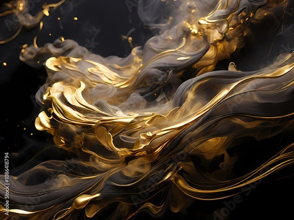 Fototapeta Luxurious golden smoke swirling and glowing on a pitch-black background. The smoke should look ethereal and vibrant, with shimmering, metallic gold highlights that reflect light and create a sense