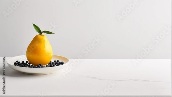 Fototapeta A yellow pear with a green leaf sits on a white plate, surrounded by blackberries, against a white background.
