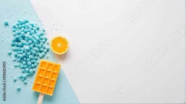 Fototapeta A vibrant arrangement of blue and orange objects, including a popsicle, orange slice, and blue beads, is displayed against a light blue and white background.