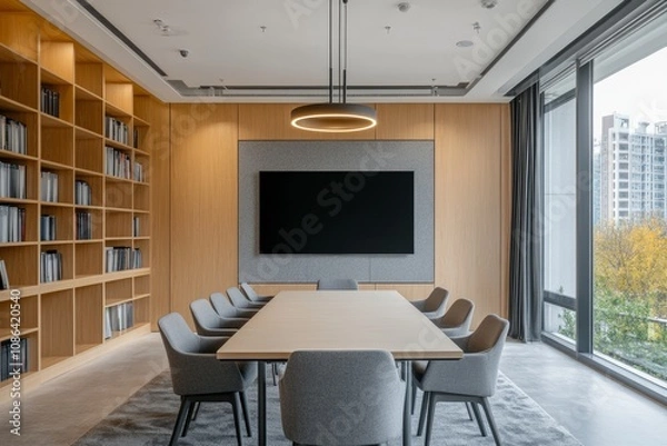 Fototapeta Modern office meeting room with large windows, a wooden table, chairs, a large flat screen TV, and a bookshelf.