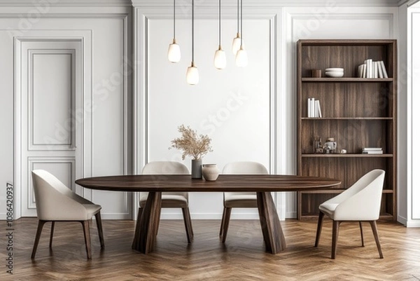 Fototapeta Modern dining room interior with wooden table and chairs, bookshelf, and white walls.