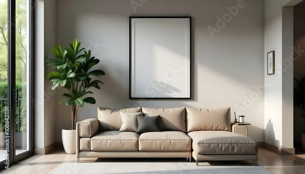 Fototapeta A modern living room with a beige sofa, a black framed artwork on the wall, and a potted plant in the corner