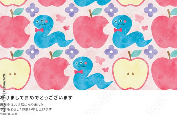 Obraz 水彩 りんごとヘビのかわいいキャラクターのイラストの年賀状
