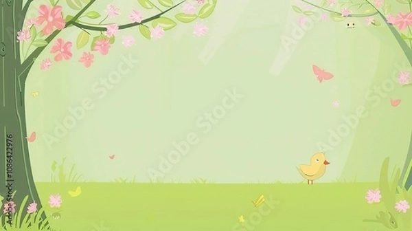 Fototapeta Spring Green Nature Cute Background - A Delightful Display of the Season's Charm. The Lush Greenery of Spring, with Tender Shoots and Blossoming Flowers