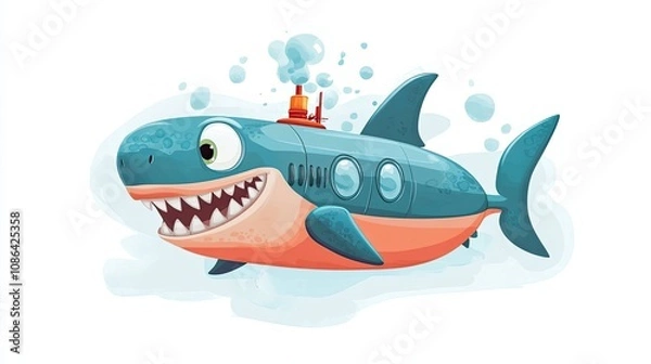 Fototapeta Cartoon Shark Submarine with Big Teeth and Bubbles