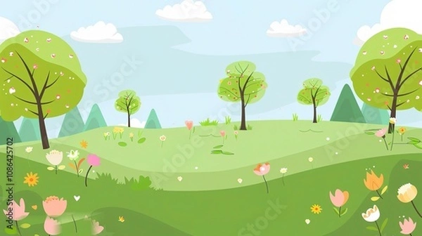 Obraz Spring Green Nature Cute Background - A Delightful Display of the Season's Charm. The Lush Greenery of Spring, with Tender Shoots and Blossoming Flowers