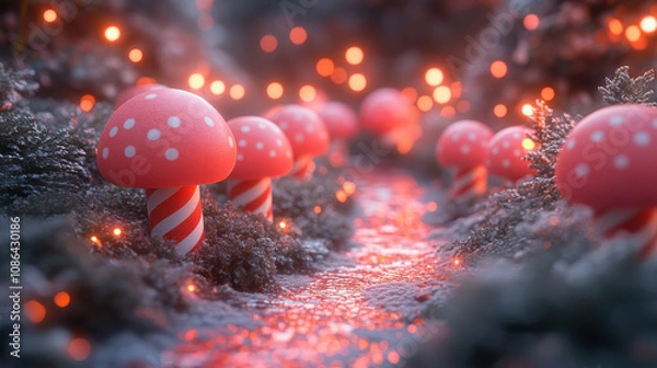 Fototapeta Magical path with candy mushrooms illuminated by glowing lights