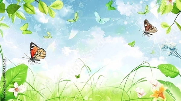 Fototapeta Cartoon Nature Background - A Whimsical World of Colorful and Playful Elements. The Cartoonish Trees with Big, Cheerful Leaves, and the Fluffy Clouds Floating Above