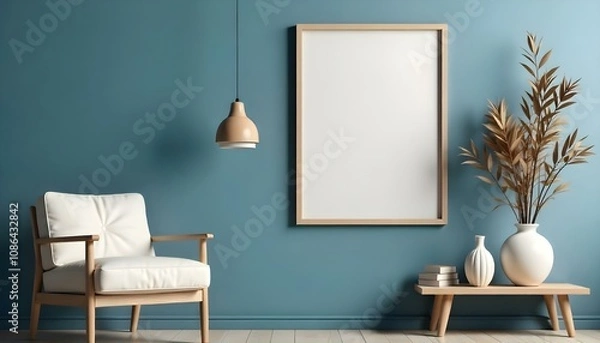 Fototapeta A minimalist living room with a large empty white frame on a teal blue wall, a white armchair, and a small wooden side table with a white ceramic vase