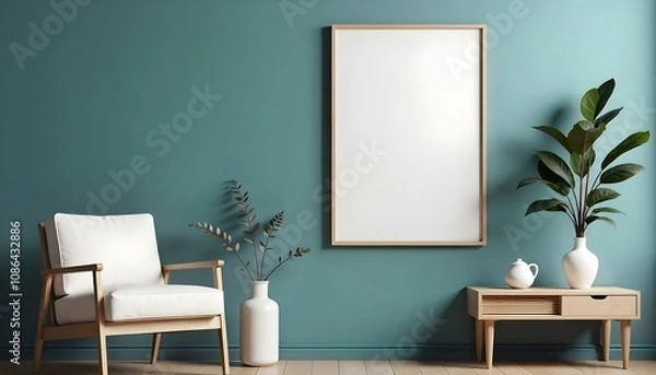Fototapeta A minimalist living room with a large empty white frame on a teal blue wall, a white armchair, and a small wooden side table with a white ceramic vase