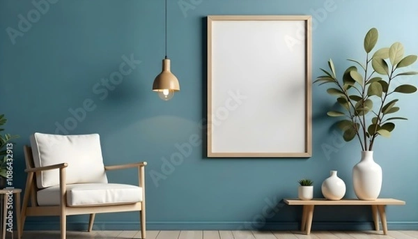 Fototapeta A minimalist living room with a large empty white frame on a teal blue wall, a white armchair, and a small wooden side table with a white ceramic vase