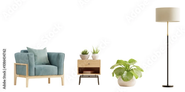 Obraz Blue armchair, a nightstand, and a potted plant are shown on transparent background- 3D rendering