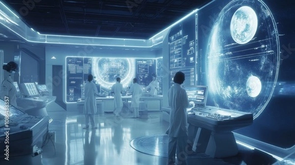 Fototapeta futuristic space station laboratory, with scientists analyzing holographic displays of distant planets and galaxies. The room is illuminated by soft, high-tech lighting.