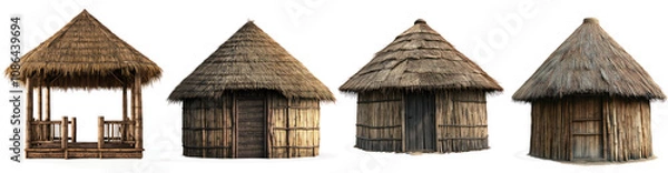Obraz Set of Traditional Bamboo and Thatch Hut with Rustic Design on Transparent Background