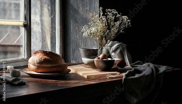 Obraz Breads and pastries, eggs, flour, and other baking ingredients in bowls, cutting board and dishtowels, on kitchen countertop in front of a window with golden sunlight streaming in. Flowers. Cluttered,