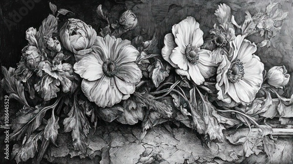 Fototapeta A grayscale image of a carved bouquet of delicate flowers and leaves on a textured background.