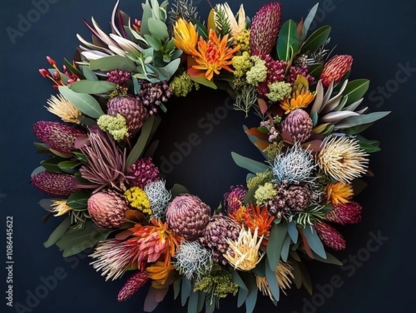 Fototapeta Native Australian flora arranged in a festive wreath for Australia Day celebrations