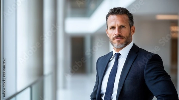 Fototapeta Businessman in a suit posing confidently, copy space available for promotional content, high-end professional portrait, deep depth of field