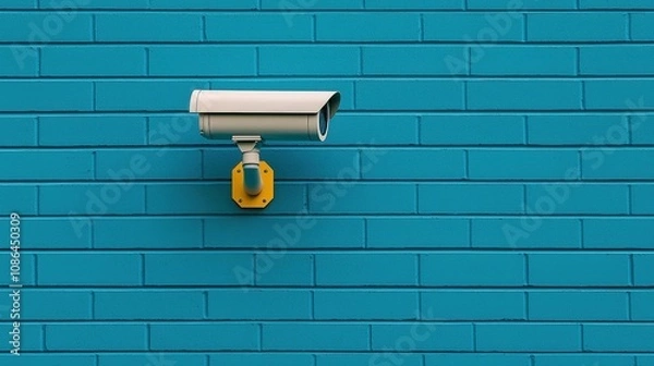 Obraz Security Camera on Teal Brick Wall Surveillance Safety Technology