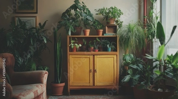 Fototapeta Illustration of a beautiful, retro style home interior space with vintage style cupboards and elegant gold accessories, lots of plants in stylish pots. Ai generated image