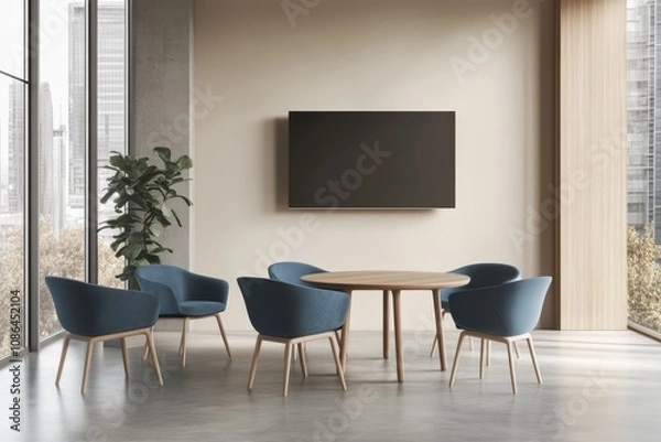 Fototapeta Modern meeting room interior with round table and blue chairs, TV on the wall and windows with city view.