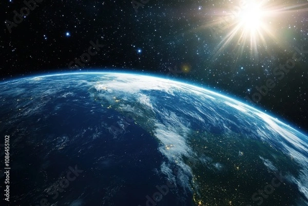 Fototapeta A beautiful view of the Earth from space, showing the sunrise over a blue planet.