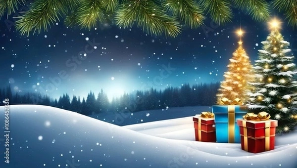 Fototapeta Christmas Tree On Snow At Night With Shining Star And Gift Boxes In Snowy Forest - Winter Abstract Landscape