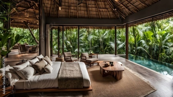 Fototapeta Luxury jungle villa with natural materials and seamless indoor outdoor spaces, AI Generated