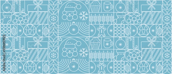 Fototapeta Christmas geometric background with simple line elements. Merry Christmas and Happy New Year abstract line design. Mosaic and Scandinavian style. Vector illustration