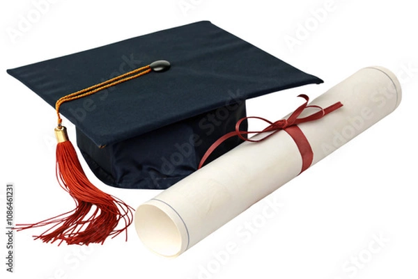 Fototapeta A classic graduation cap with a bold red tassel resting beside a rolled diploma tied neatly with a deep red ribbon, set against a transparent background