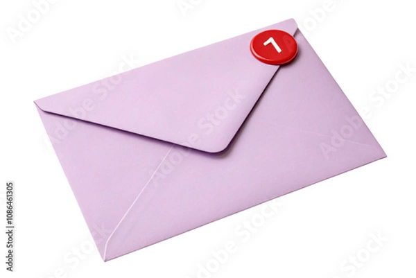Fototapeta A closed lavender envelope featuring a physical red notification seal labeled “1,” blending modern alerts with classic stationery elegance, set against a transparent background