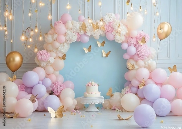 Obraz A backdrop composition with a small pastel blue background, a pastel pink and white balloon arch garland with flowers, a cake smash aesthetic