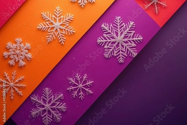 Fototapeta Creative Christmas layout with asymmetric color blocks in magenta, deep purple, and bright orange; fine snowflake patterns for texture