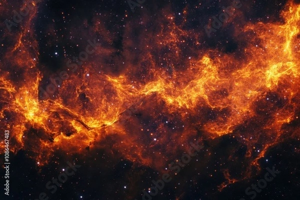 Fototapeta A fiery nebula with a swirling pattern of gas and dust in a dark, star-filled sky.