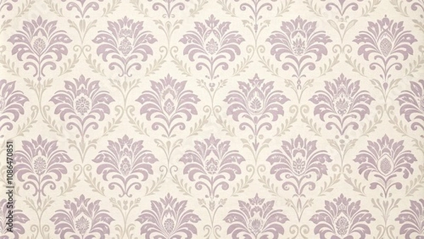 Fototapeta Damask seamless wallpaper in soft cream and pale lavender hues, elegant background, seamless design, damask wallpaper, pale lavender