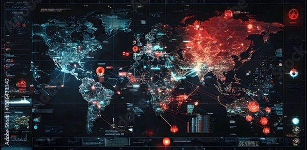 Fototapeta Global cybersecurity threat analysis worldwide infographic digital environment aerial view data visualization