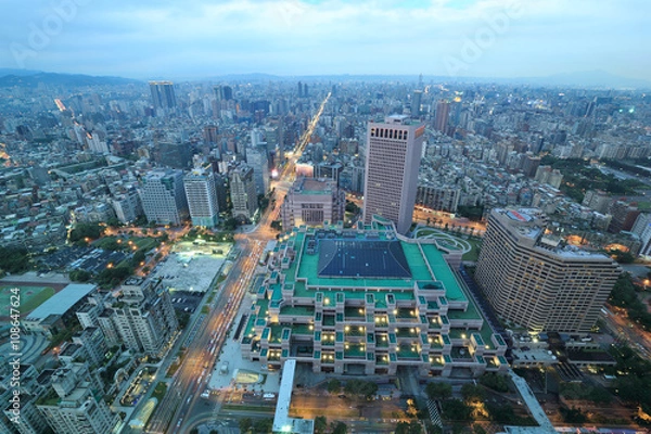 Fototapeta Panoramic night scene of Taipei downtown, View from Taipei 101 tower ! ~ A Blue and Gloomy Night in Taipei ~ Aerial view of Taipei City  in dusk