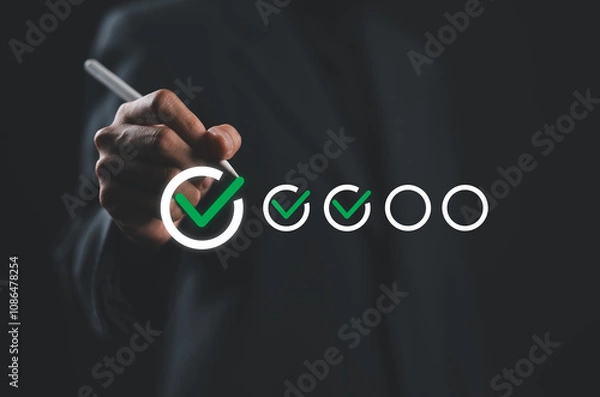 Fototapeta Businesswoman evaluating with checkboxes online on virtual screen. Assessment survey online, choose correct answer in test, questions test, online exam, quiz knowledge, filling out a survey form.