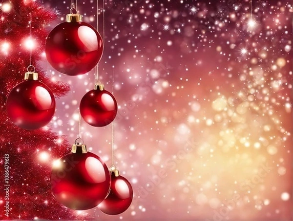 Fototapeta Christmas Tree In Red Glitter Background - Bubbles Hanging On Fair With Abstract Lights