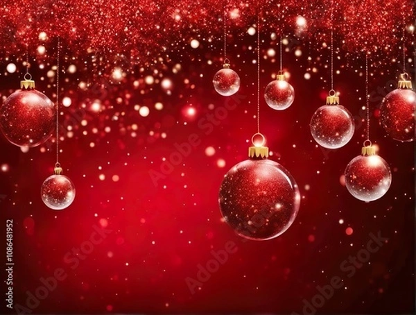 Fototapeta Christmas Tree In Red Glitter Background - Bubbles Hanging On Fair With Abstract Lights