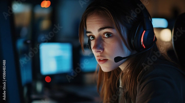 Fototapeta Young woman focused on gaming during a late-night session in a dimly lit room